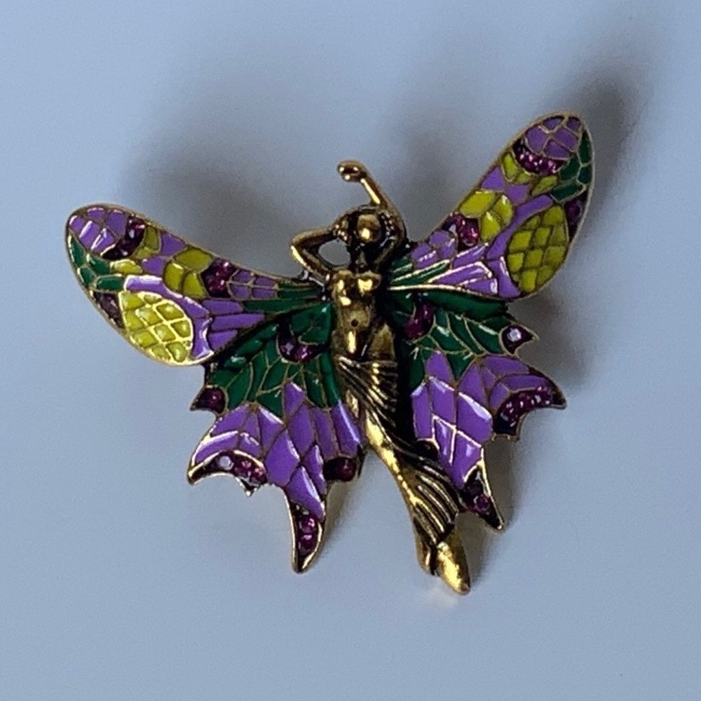 Vintage Inspired Enamel Butterfly Fairy Brooch Pin Art Nouveau Goddess Mermaid